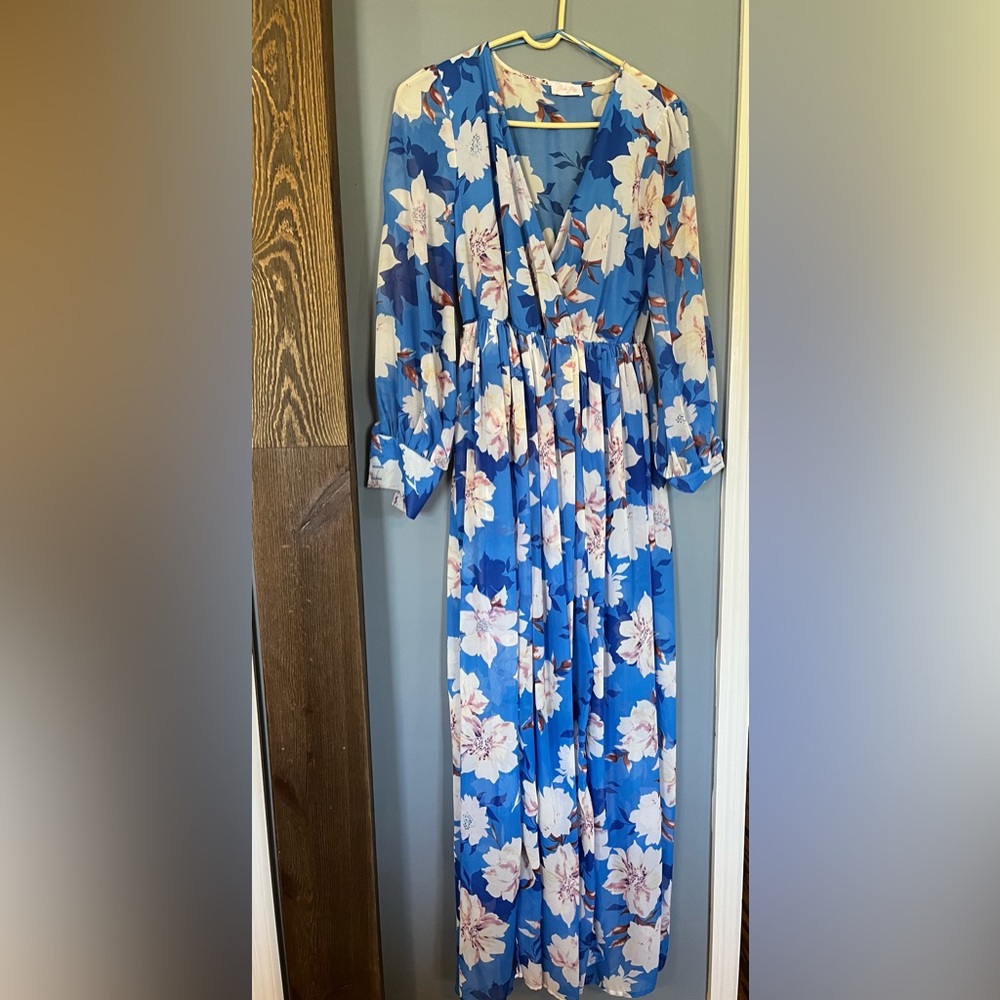 Blue Floral Pink Lily Maxi Dress
